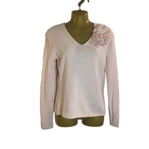 Vtg AnnTaylor soft pink cashmere angora Lambswool V-neck fit sweater 3D rose M
